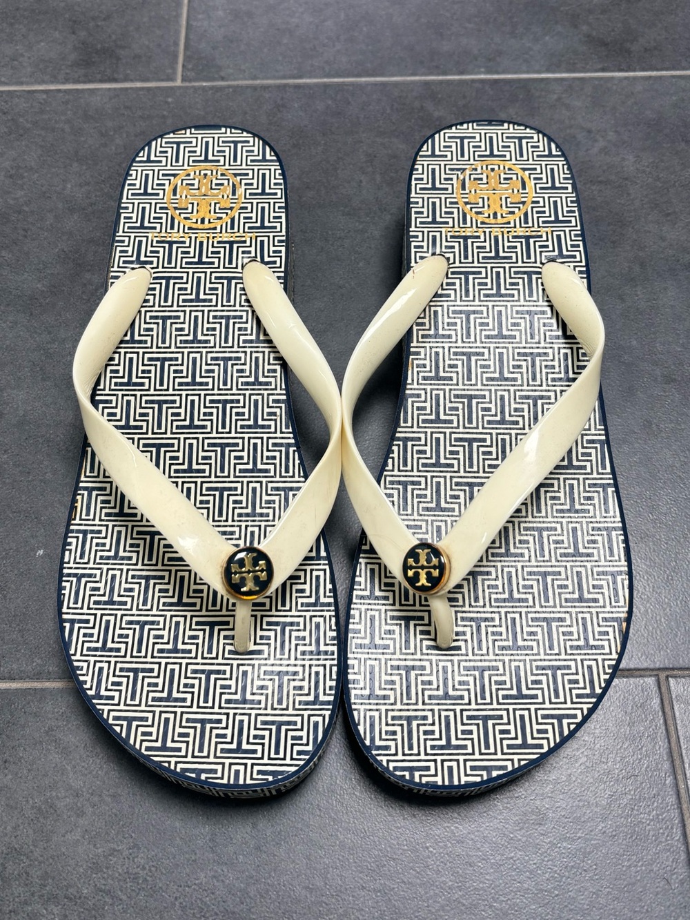 Tory Burch Black & Cream Logo Pattern Flip Flops
